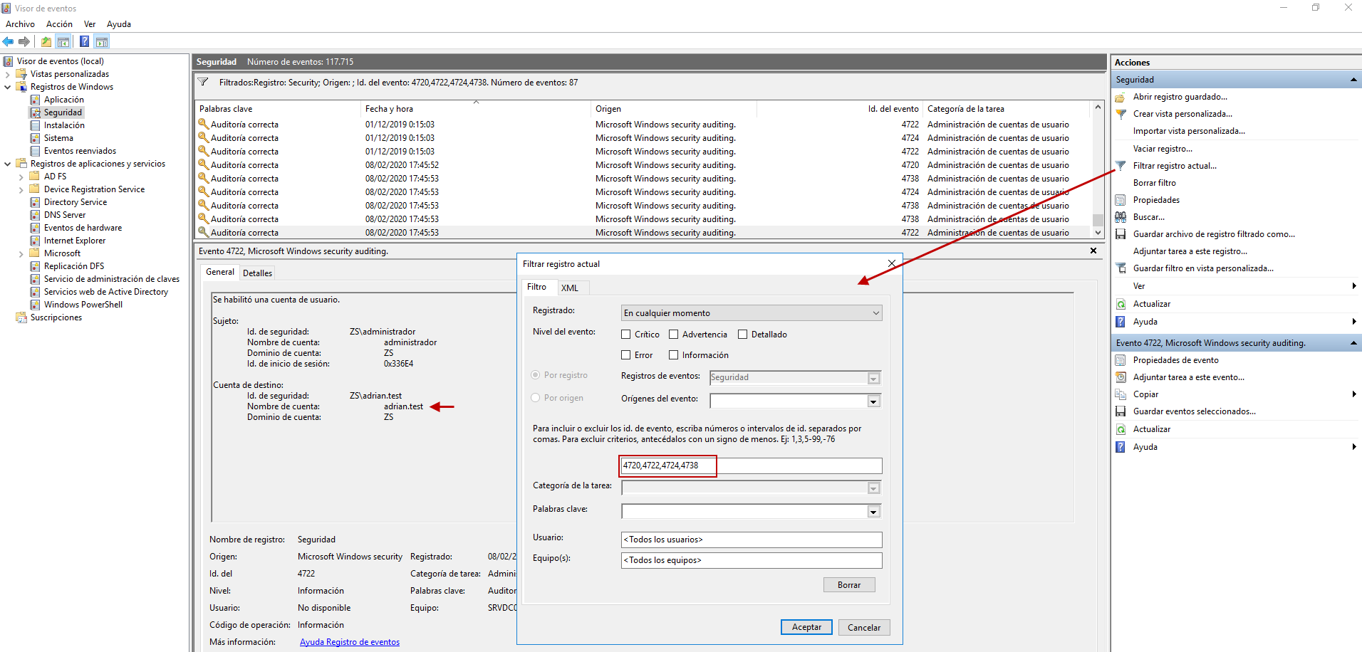 Figura 2: Filtrar por ID de eventos para encontrar la creación de nuevas cuentas de usuario de Active Directory.