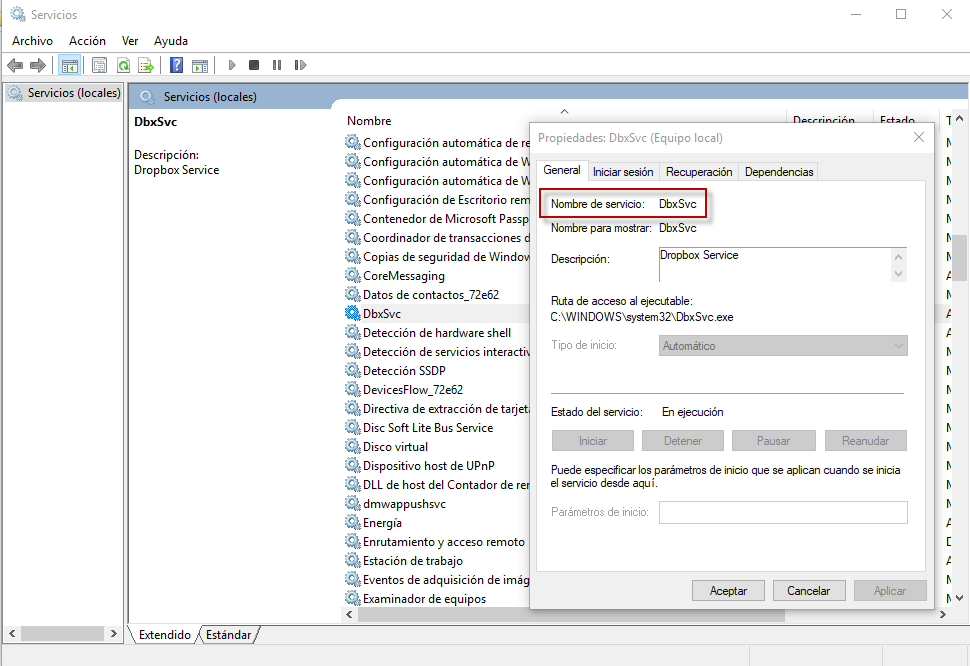 Figura 1: Nombre del servicio Dropbox para Windows (DbxSvc).