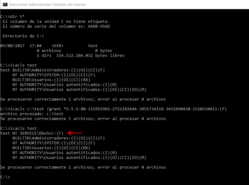 Figura 3: Agregando un servicio a un objeto con ICACLS.
