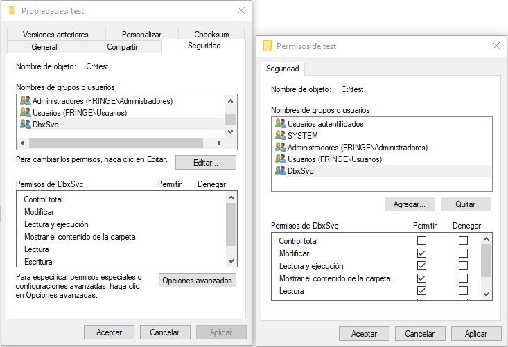 Figura 4: Administrando de forma gráfica los permisos de un servicio agregado a un objeto.