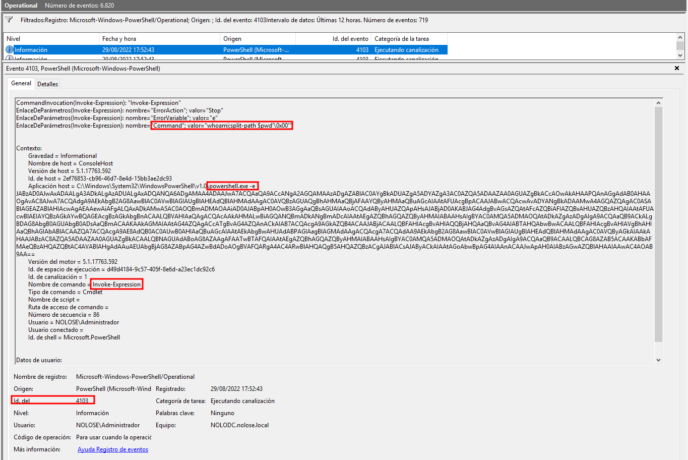 Figura 4: Event Id. 4103 de Powershell generado por la ejecución de Hoaxshell sin comunicación cifrada.