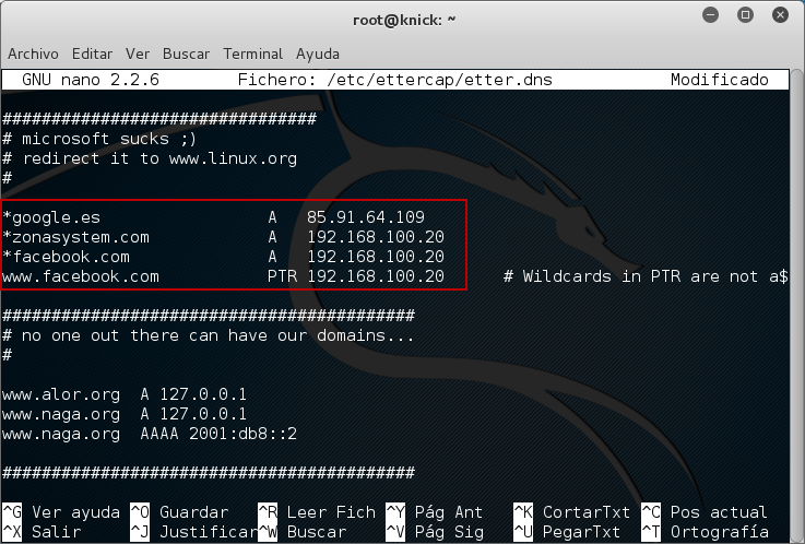 Figura 7: Editando fichero etter.dns para redirección de peticiones DNS de la víctima.