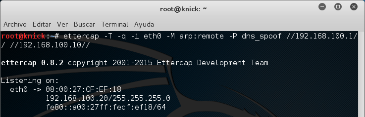 Figura 9: Ejecución del plugin dns_spoof de Ettercap en la terminal.