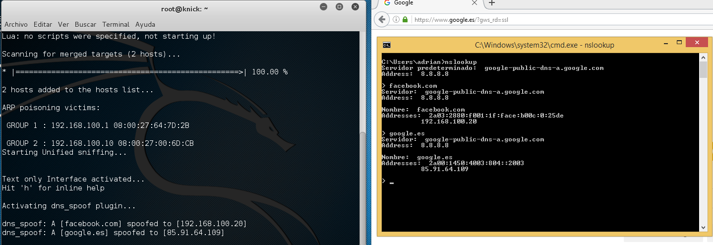 Figura 14: Comprobando las redirecciones DNS en el equipo atacado.
