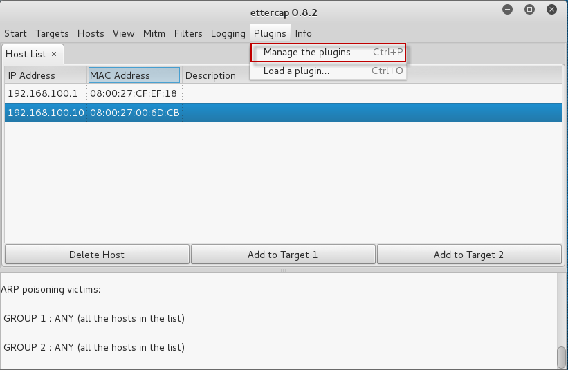 Figura 7: Administrar plugins en Ettercap.