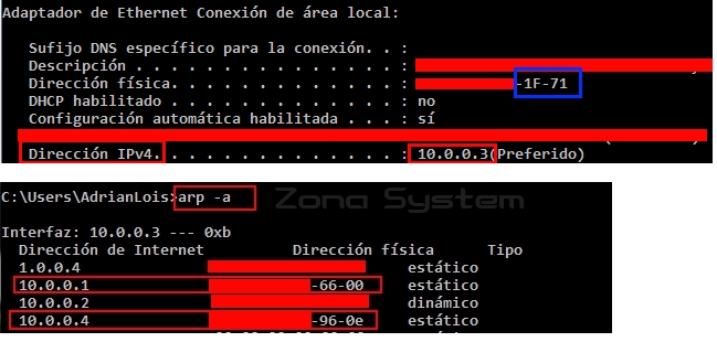 Figura 2: Consultando tabla ARP del equipo atacante comprobando las direcciones MAC reales.
