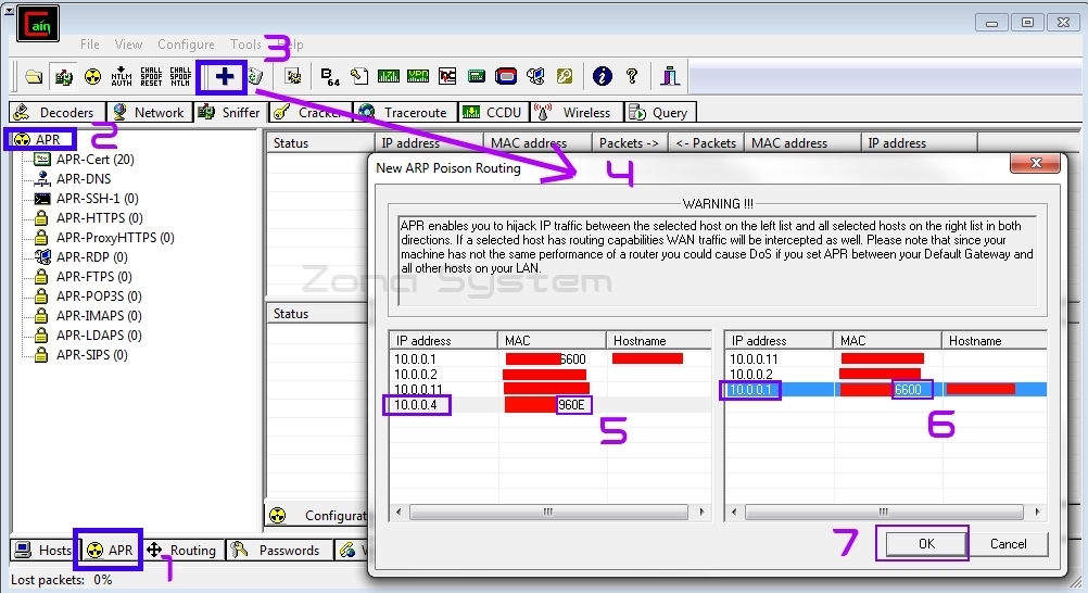 Figura 6: Enrutando el tráfico del equipo de la víctima hacia la dirección MAC del equipo atacante con Cain.