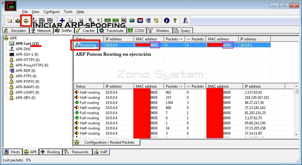 Figura 7: Iniciando el envenenamiento ARP de suplantación MAC con Cain.