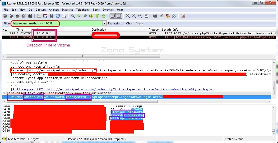 Figura 9: Filtrando tráfico con Wireshark desde el equipo atacante para interceptar las credenciales.