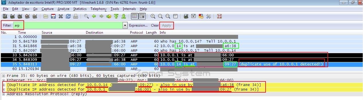 Figura 1: Detectando trama MAC duplicada filtrando por el protocolo ARP en Wireshark.