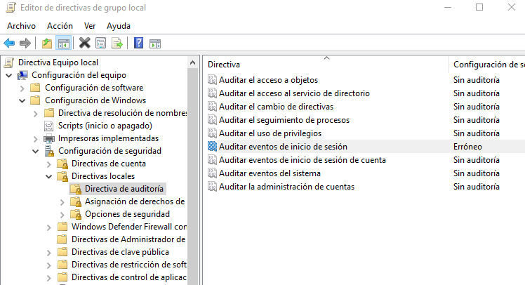 Figura 1: gpedit.msc - Auditar eventos de inicio de sesión erróneos.
