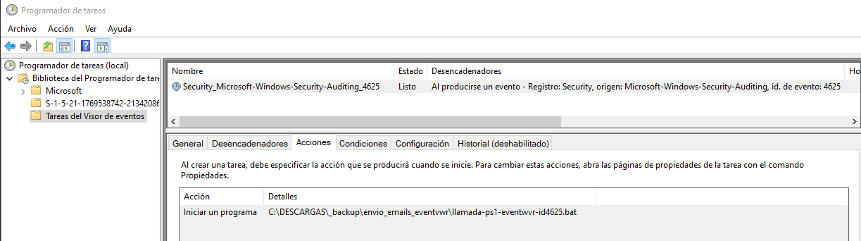 Figura 3: taskschd.msc - Tarea programada creada automáticamente a partir del evento de seguridad con Id. 4625.