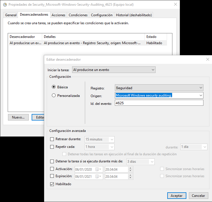 Figura 4: Desencadenador de la tarea programada al producirse un evento del tipo seguridad con Id. 4625.