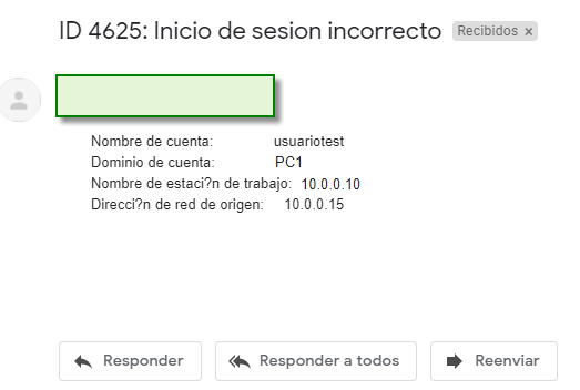 Figura 5: Ejemplo de mensaje de correo del evento de seguridad Id. 4625.