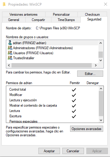 Figura 1: Establecer permisos sobre el directorio donde se ejecutará el script batch.