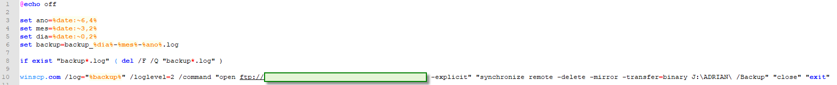 Figura 2: Script batch usando winscp.com para conexiones FTPS con sincronización de local a remoto.