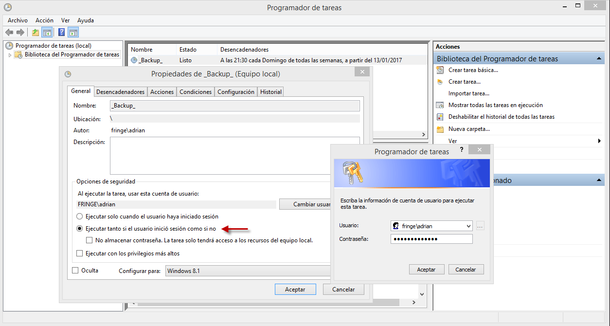Figura 9: Autenticación de credenciales del usuario local para tarea programada.