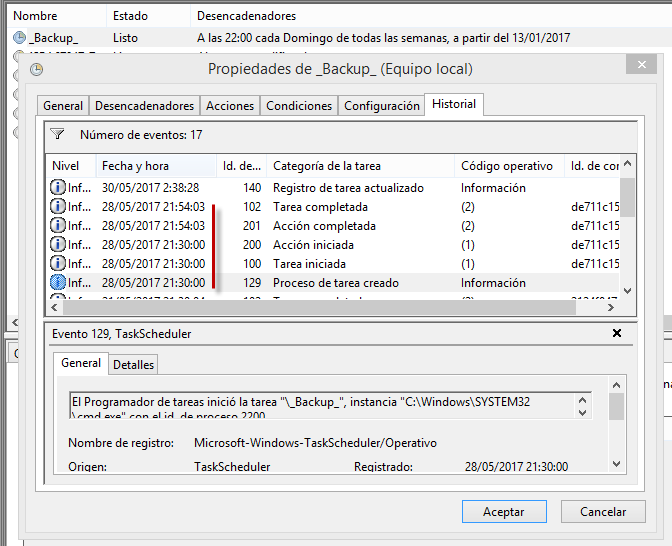 Figura 11: Historial de la tarea programada.
