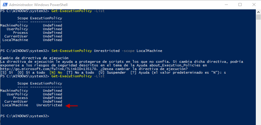 Figura 13: Estableciendo el modo de política de ejecución (ExecutionPolicy) para PowerShell.