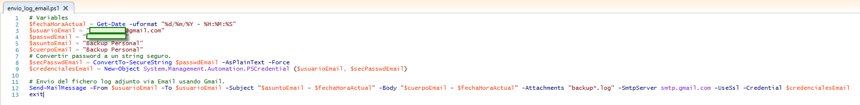 Figura 14: Script ps1 Powershell - Envío del fichero de log a una cuenta de correo Gmail.