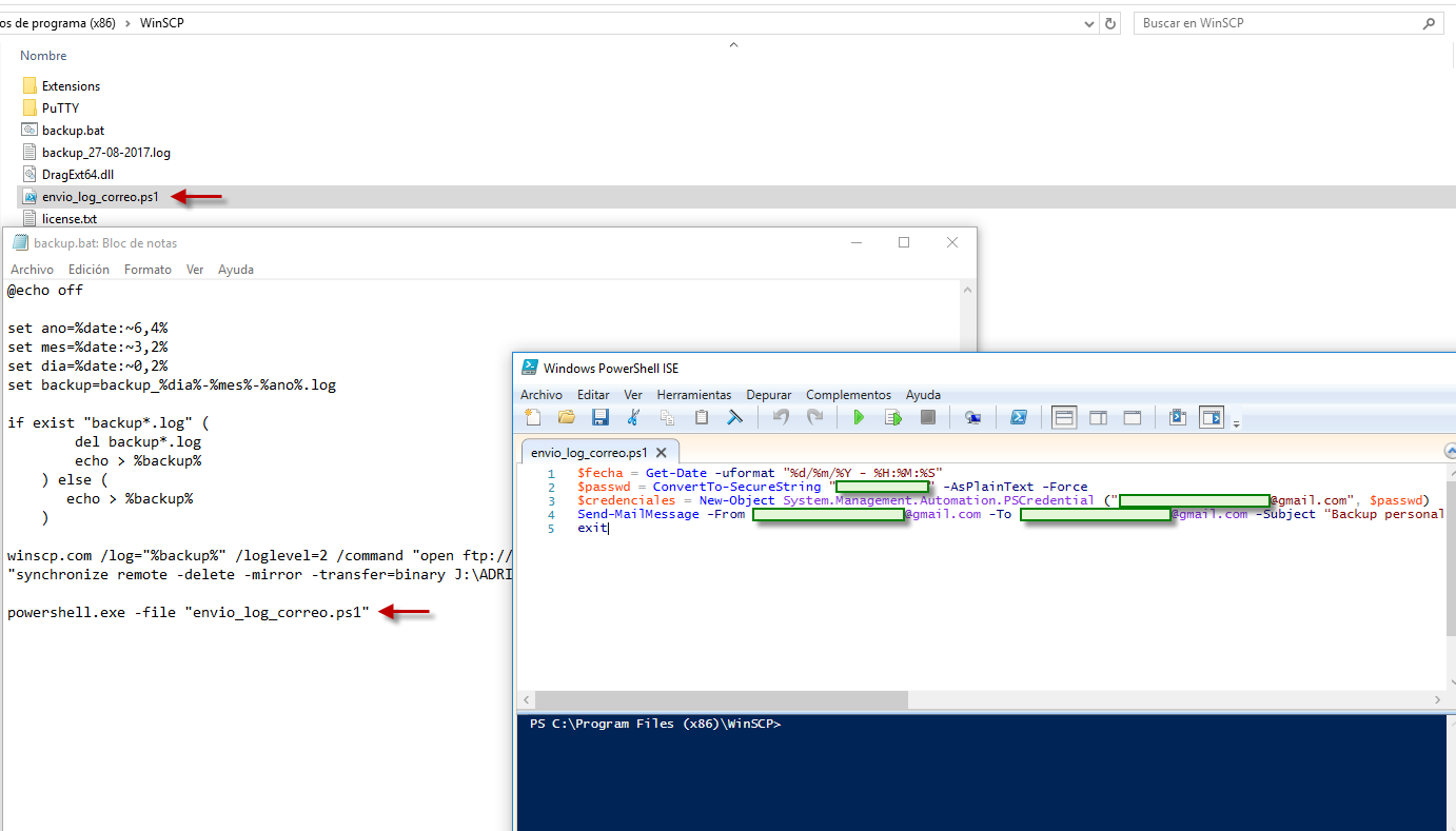 Figura 16: Llamada a un fichero script .ps1 desde un script.bat.