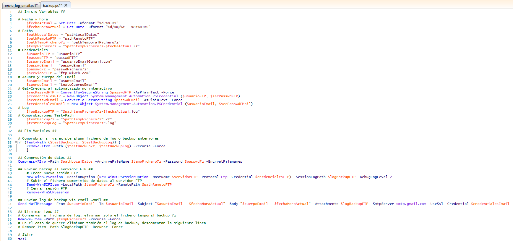 Figura 18: Script ps1 en Powershell. Backup completo + envío de log vía email.
