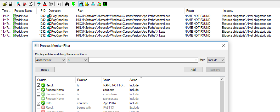 Figura 2: Rama del registro NAME NOT FOUND en la ejecución del binario sdclt.exe.