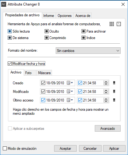 Figura 3: Attribute Changer  - cambiar fecha y hora de archivos o carpetas.