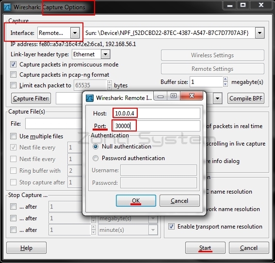 Figura 2: Interface en remote para escuchar el tráfico por el puerto 30000 al host remoto.