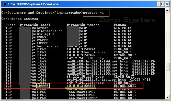 Figura 3: Comprobamos que la conexión entre puertos está establecida entre el host remoto y mi equipo local.
