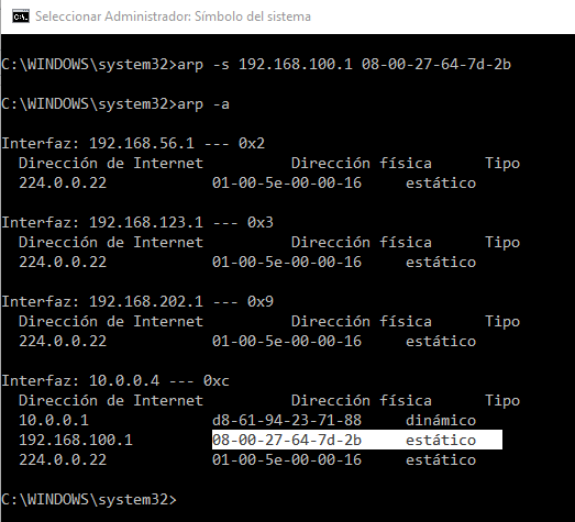 Figura 2: Añadir ruta estática en la tabla ARP en sistemas Windows.