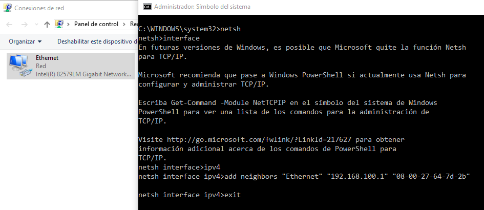 Figura 3: Añadir una ruta estática en la tabla ARP en sistemas Windows con Netsh.