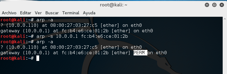 Figura 4: Añadir una ruta estática en la tabla ARP en sistemas Linux.