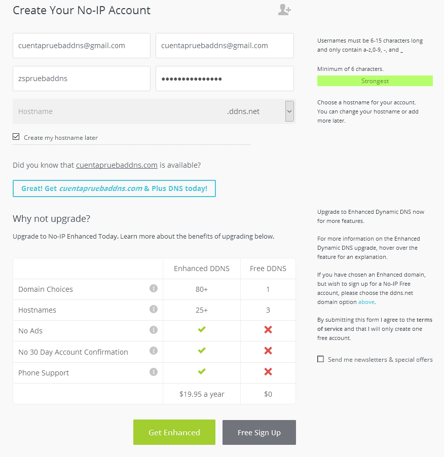 Figura 1: Registro gratuito en noip.com.