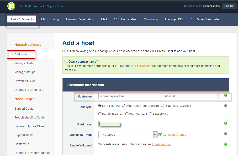 Figura 2: Añadiendo un hostname DDNS en noip.