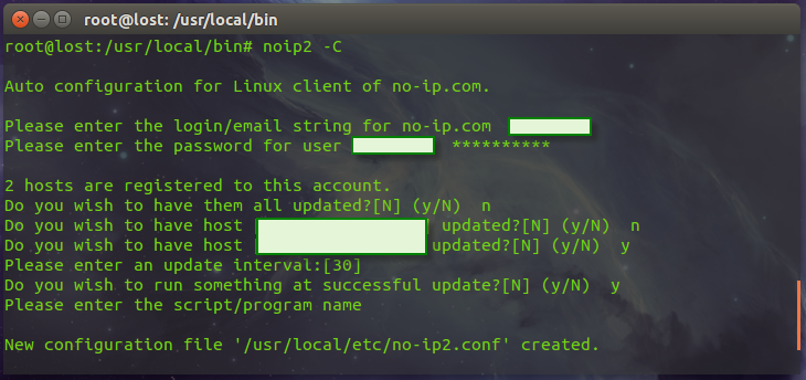 Figura 7: Asistente de configuración por terminal de una cuenta noip en Linux.
