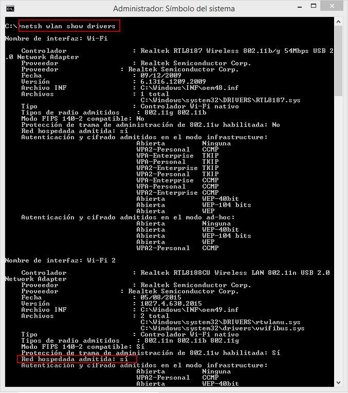Figura 3: Netsh - Conocer la compatibilidad de interface wlan para red hospedada.