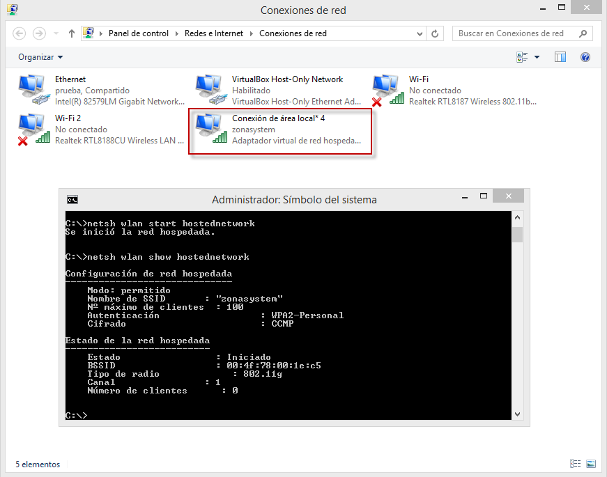 Figura 6: Activar el hostednetwork (WAP).