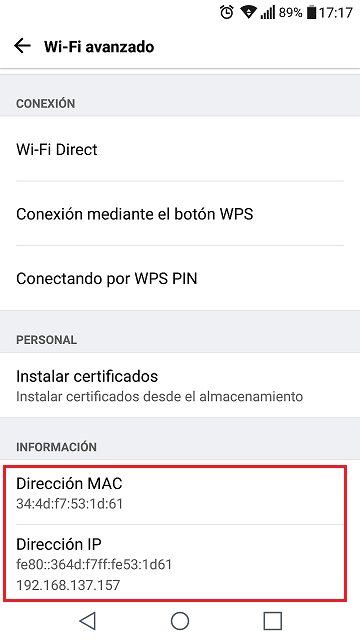 Figura 8: Comprobación de información de red de la conexión.