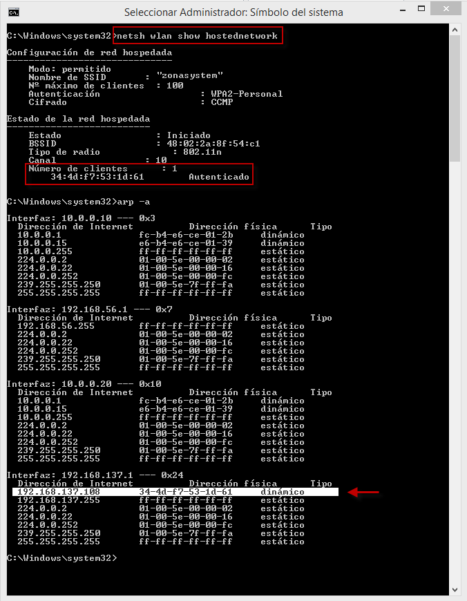 Figura 9: Verificación del cliente autenticado en el nuevo hostednetwork (WAP).