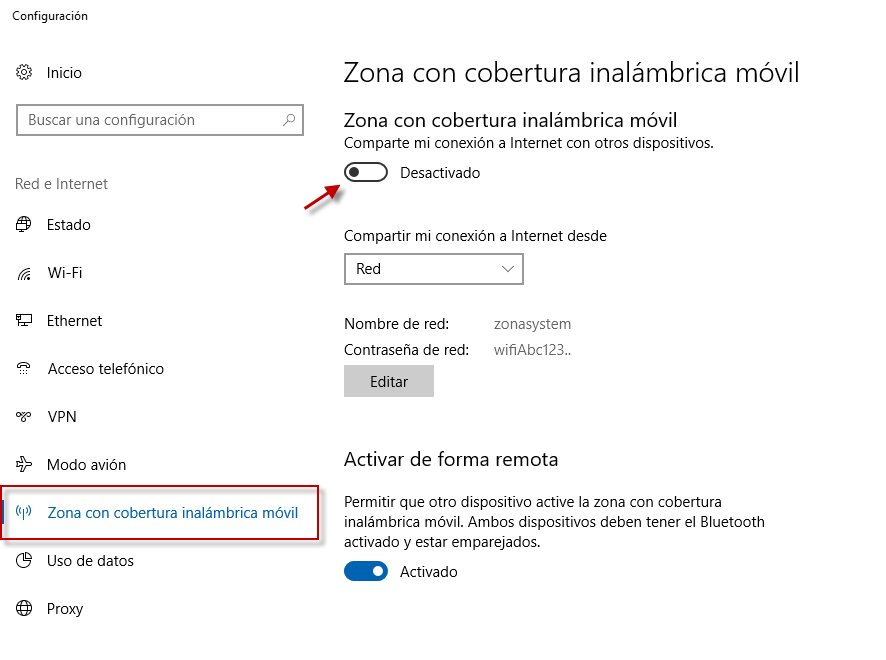 Figura 10: Crear WAP de forma sencilla “Zona con cobertura inalámbrica móvil” en Windows 10.