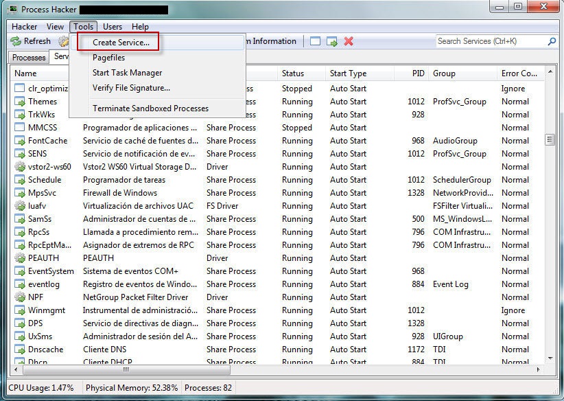 Figura 1: Creando servicio para Windows con Process Hacker.
