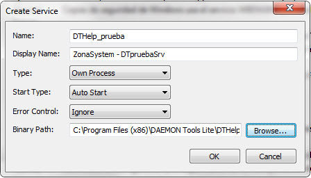 Figura 2: Cubriendo campos para la creación del servicio, en este caso con Daemon Tools Lite.