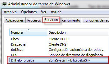 Figura 3: Servicio de prueba en el que aparece en el administrador de tareas de Windows &ldquo;DTHelp_prueba&rdquo;.
