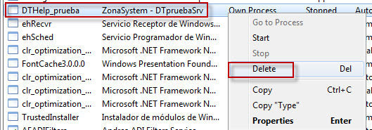 Figura 5: Eliminación a través de Process Hacker del servicio creado como prueba.