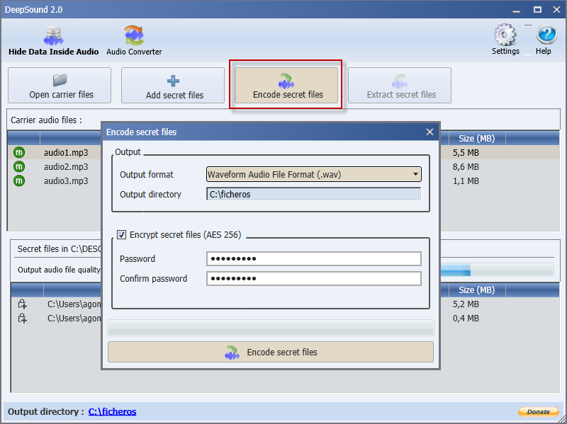 Figura 2: Encapsulando ficheros dentro de un fichero de audio .wav con password AES-256.