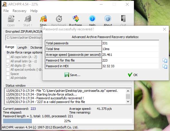 Figura 1: Advanced Archive Password Recovery - Fuerza bruta en fichero .zip.