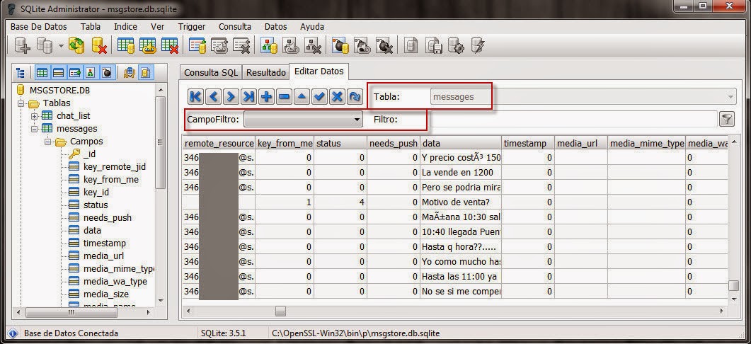 Figura 1: Fichero de conversaciones de Whatsapp (ya descifrado) cargado en SQLite (tabla messages).