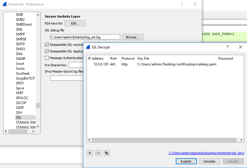 Figura 3: Añadir la clave privada .pem en Wireshark.